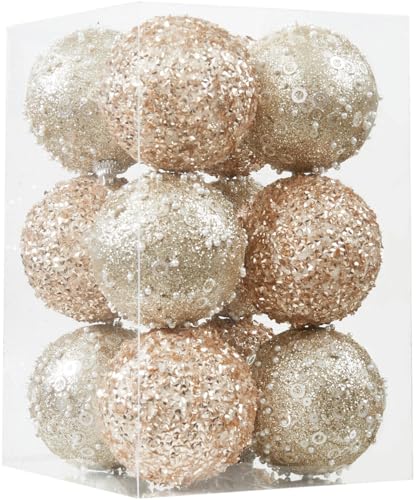 Christmas Ball Ornaments,Champagne Gold Shatterproof Foam Christmas Tree Decorations,Glitter Hanging Balls for Xmas Holiday Party Home Decor(70mm/2.75",12 Counts)