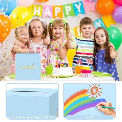 Image of 1 Pack Light Blue and Gold Foil Card Box for Party, 8.7 inch Light Blue Money Box for Birthday, Wedding, Baby Shower, Retirement, Anniversary, Bridal Shower, Raffle Ticket