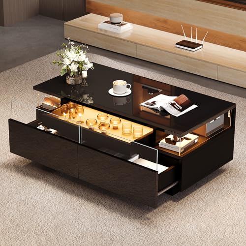 Moderna mesa de centro de alto brillo con LED de 3 niveles, cajones acrílicos, bandeja extraíble, cristal templado, para salón, elegante mesa auxiliar con diseño funcional