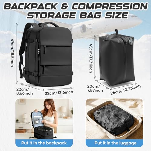 Image of Travel Backpack with Compression Vacuum Storage Bag & Electric Pump, Expandable Flight Approved Carry On Backpack, 18x14x8 inches Personal Item Travel Bag for Men Women, Black