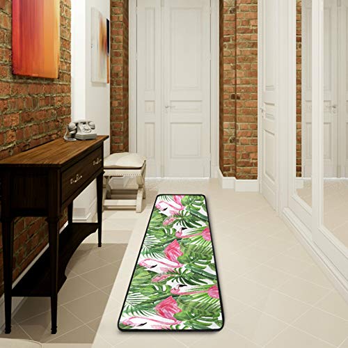 Pink Flamingo Tropical Leaves White Runner Rug For Hallway Non Slip Area Rug Indoor Runner Mat Kitchen Floor Bathroom Doormats Soft Bedroom Entry Carpet 2X6 Ft #TOP8