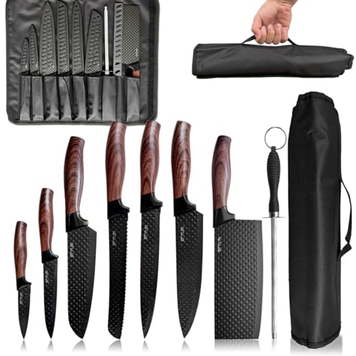 COOSNUG 8-teilig, Küchenmesser mit Tasche, Messer Set Spezialklingenstahl antihaftbeschichtet, scharf, Kochmesser, Gemüsemesser, schwarz