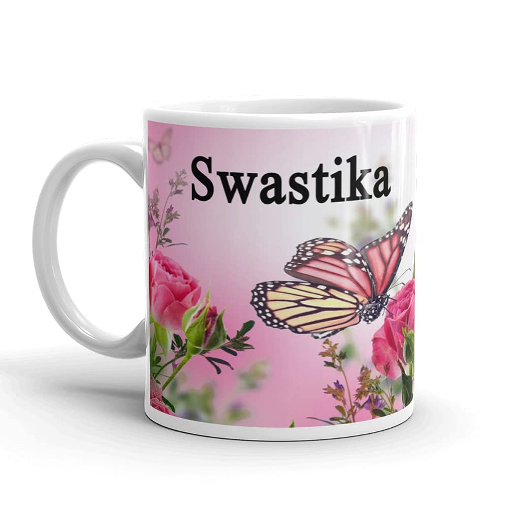 VRANTIKAR Swastika Name Pink Flower & Butterfly Printed Mug Gift for Girlfriend,Wife,Sister,Friend On Birthday,Valentine Day,Rakhi, Rakshabandhan Mug, HRSS-110 Ceramic Coffee Mug 325 ml