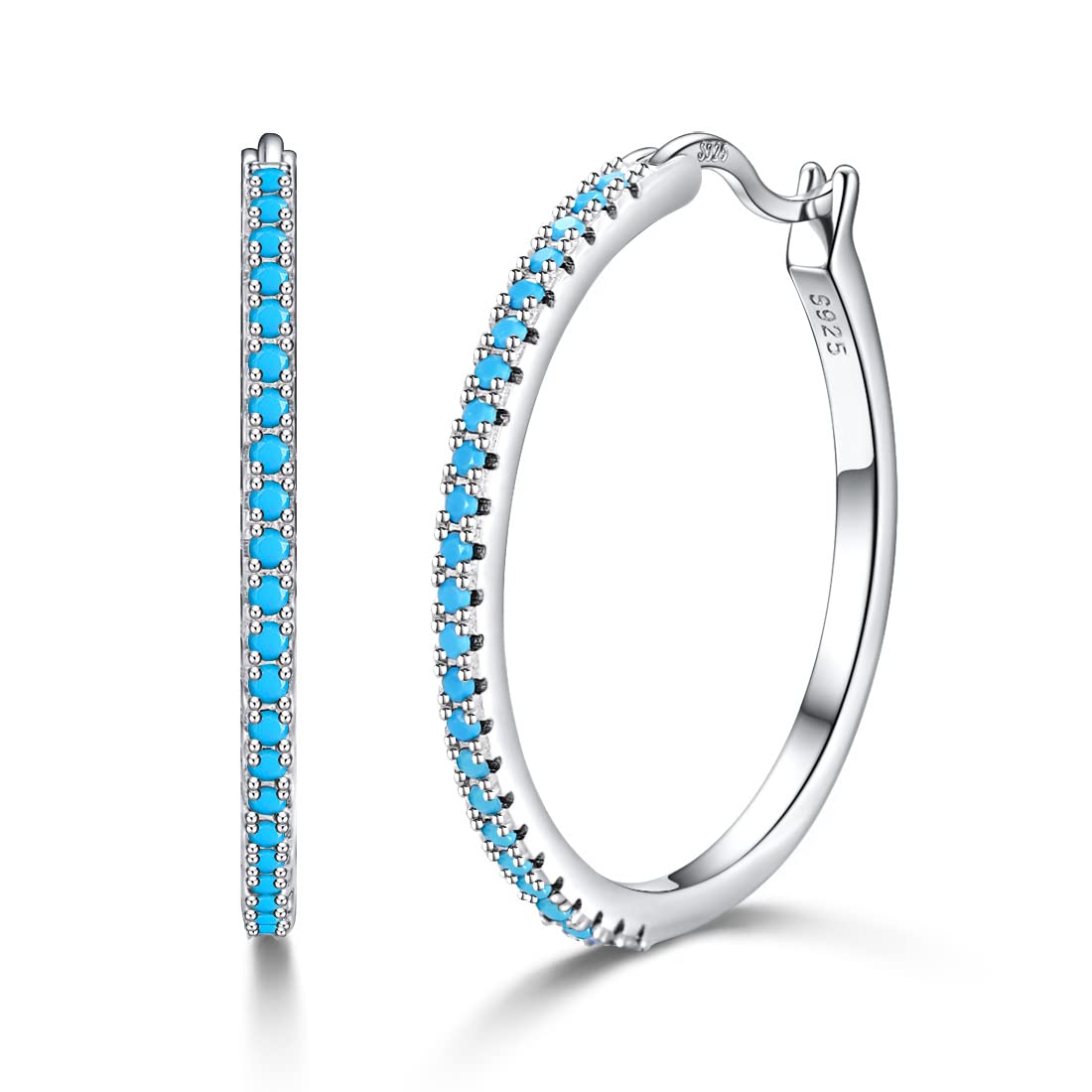 MOONQUEEN925 Sterling Silver Hoops Turquoise Earrings for Women Big Round Loops Earrings Paved Turquoise Halo Women Fashion Jewelry 15 20 30 40mm