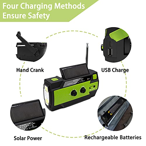 【Upgraded】 Emergency Weather Radio, Hand Crank, 4000Mah, Portable, Solar Charging, With Am/Fm/Noaa, 3 Led Flashlights, Motion Sensor, Reading Lamp, Sos Alarm, Rechargeable (Green) #TOP2