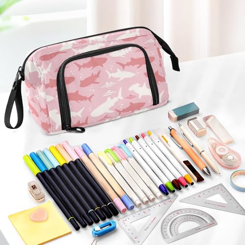 Image of Shark Pink Print Pencil Case Pouch Big Capacity Pencil Bag Box Organizer Pen Case with Compartmens Stationery Organizer for Girls Boys Women School College Office