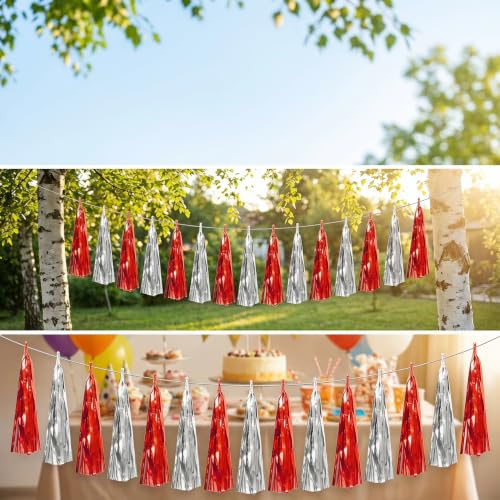 Image of 4P Red Silver Foil Fringe Metallic Tassel Streamers Banner Tassel Garland for Parade Floats, Graduation, Wedding, Birthday, Halloween, Christmas, Bridal /Baby Shower Party Decorations