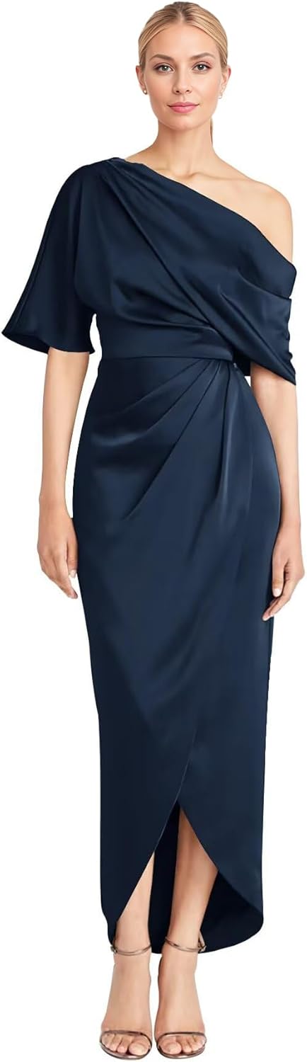 Everlong One Shoulder Satin Mother of The Bride Dresses Short Sleeve Formal Party Gowns for Women with Slit EL015 - Image 7