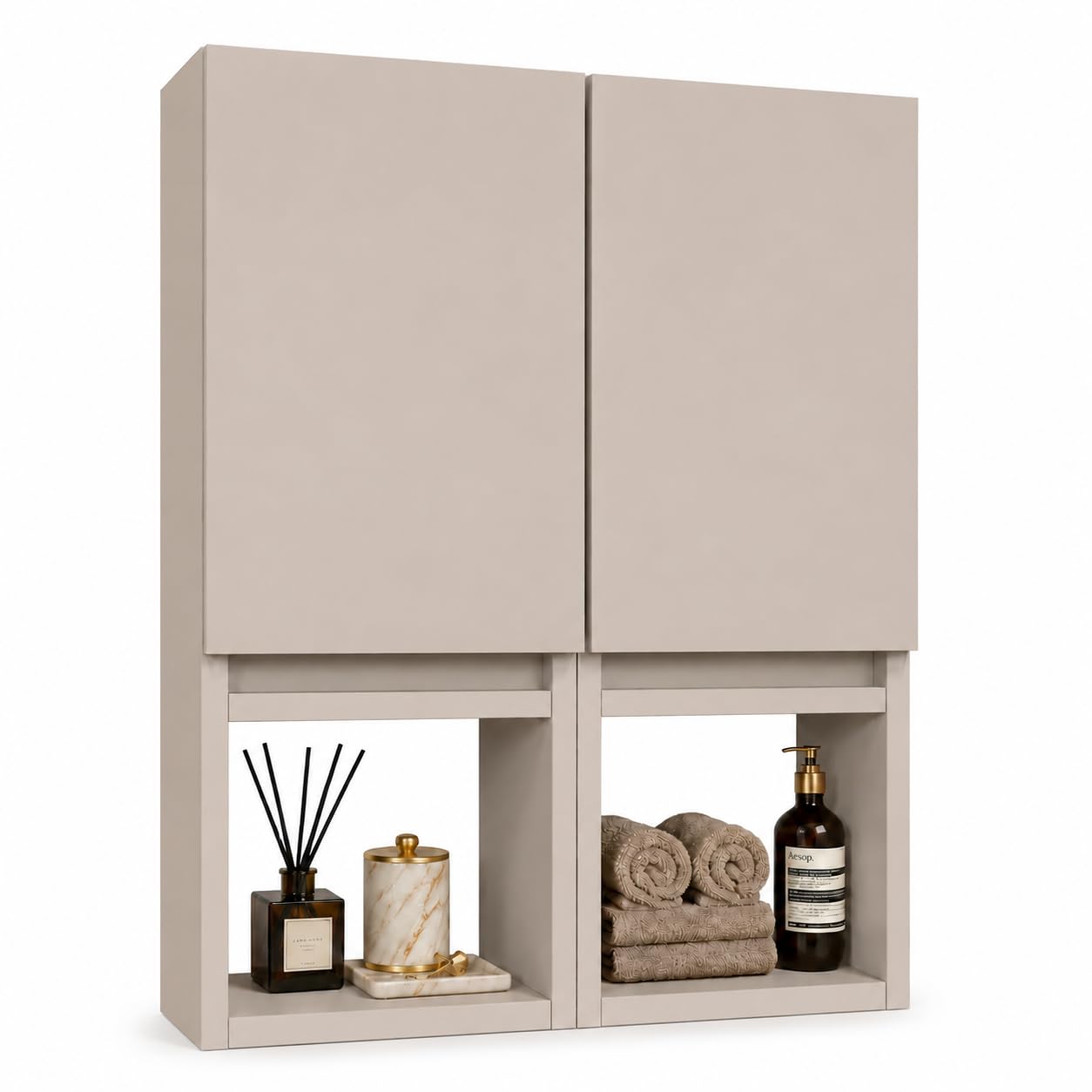 Hängeschrank Badezimmer, 75x56x25 cm, Kaschmirfarbe Matt, 6 Regale, Soft-Close-Türen, Anti-Fingerprint, Wandmontage