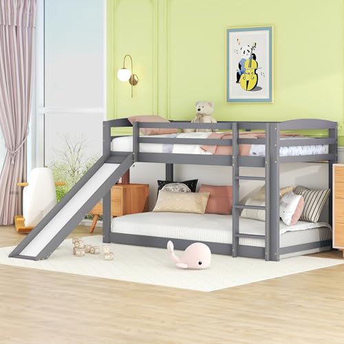 LinoraFurn Etagenbett für Kinder und Jugendliche Kinderbett mit Rutsche Massivholzrahmen einfache Montage 90X200cm (Grau)
