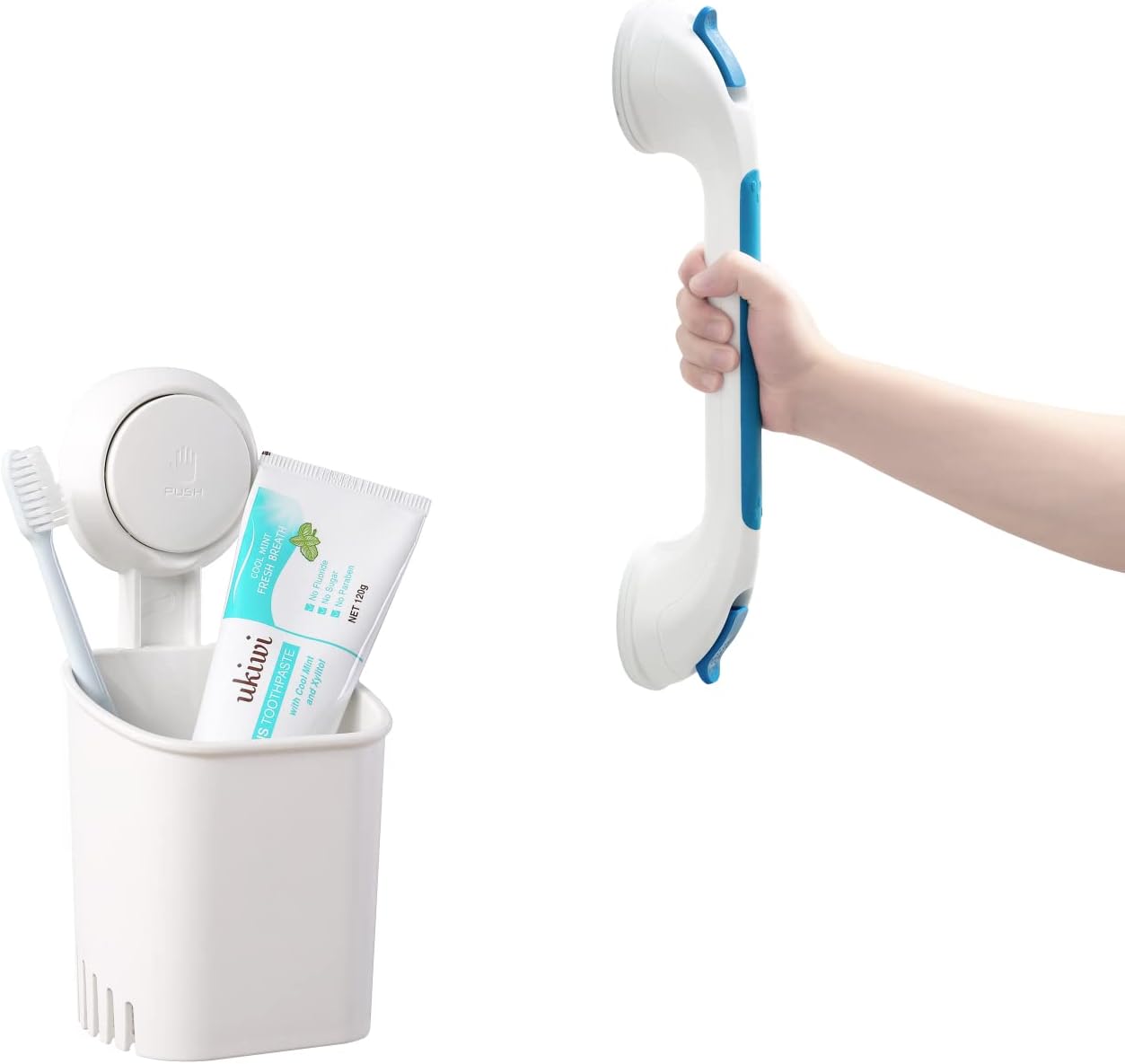 TAILI Suction Shower Grab Bar + Toothbrush Holder Bathroom Safety Handle Bathroom Organizer No Drilling and Removable Suction Mounted