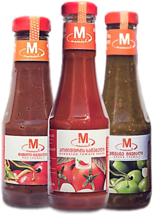 Marneuli Sause Variety Pack of 3, Red Tkemali Plum Sauce, Green Tkemali Plum Sauce, Hot Satsebeli Tomato Sauce, Imported from Georgia