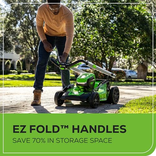 Image of Greenworks 80V 21 inch Brushless Cordless (Self-Propelled) Lawn Mower (LED Headlight + Aluminum Handles), 4.0Ah Battery and Rapid Charger + Bonus 24V Power Tool Combo Kit