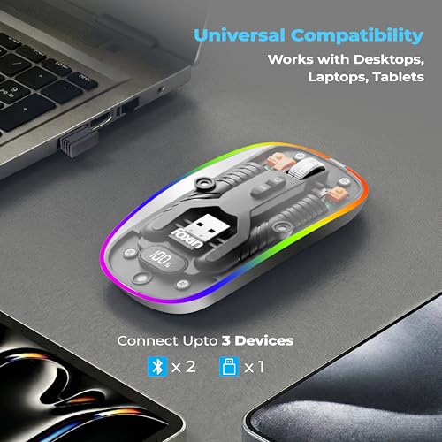 Image of Foxin NeonView Transparent Wireless Bluetooth Mouse with Desktop Button, Dual Mode (Bluetooth + 2.4GHz), USB-C Rechargeable, Up to 20 Days Battery, 3200 DPI, RGB Light, Silent Click, Adjustable DPI