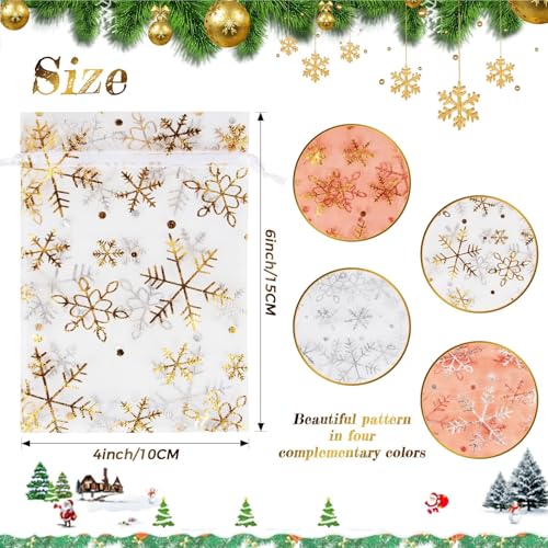 Image of Sukh 100 Christmas Organza Bags 4x6 - White Red Snowflake Organza Bag Drawstring Gift Bag Bulk Party Favor Mesh Bag Goodie Wrap Pouch Candy Jewelry Sachet Bracelet Fruit Protection Bag Holiday Wedding