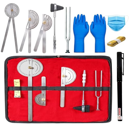 Image of Professional Goniometer Set of Physiotherapy Kit with Knee Hammer, Stainless Steel Measurement Tools, One Pair Blue Gloves, Face Mask, Marker Pen, Red Storage Case.