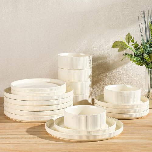 TheTerra Ceramic Dinnerware Sets for 6, 18 Pieces Porcelain Lightweight Plates and Bowls Sets, Scratch Resistant Dish Set, Oven & Microwave & Dishwasher Safe, Beige