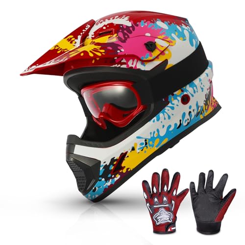 TCMT Dot Youth Kids ATV Motorcycle Helmets Full-Face Helmet with Adjustable Chin Strap for Boys and Girls Dirt Bike BMX Cycling w/Goggles+Gloves Paintball-XL