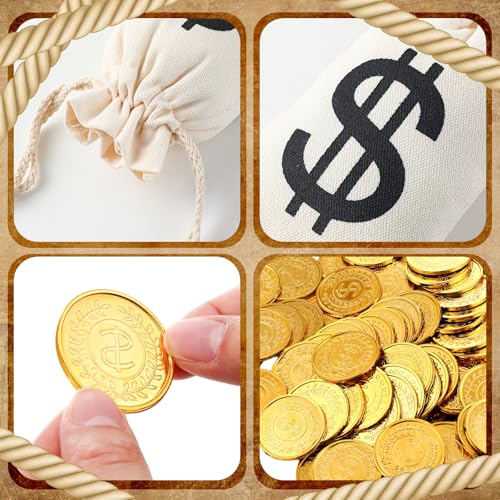 Bulyoou 200 Pcs Gold Coins and 12 Pcs Canvas Money Bags with Drawstring Pirate Treasure Prop Money Fake Coins Gold Coin Toy for Halloween Pirate Adventure Party Birthday Decorations