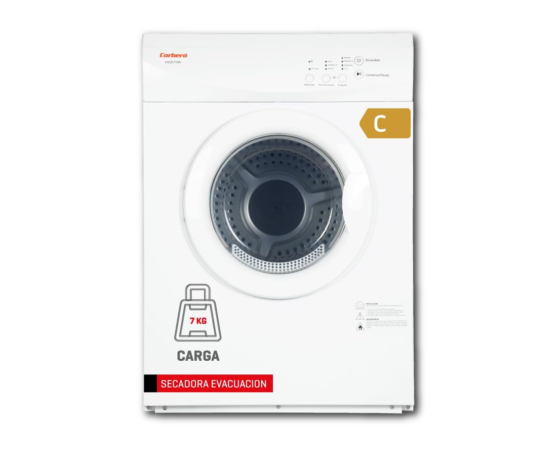 Corberó - Secadora de Evacuación | CSVE710W | 7 Kg | Carga Frontal | Indicadores LED | 4 Programas | Función Antiarrugas | 69 dB | Apertura 180º | Blanco