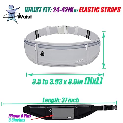 Image of USHAKE Slim Running Belt, Workout Fanny Pack for Men Women,Exercise Waist Pack for Apple iPhone Holder, Runner Belt for Running Walking Cycling Camping Gym Light Grey