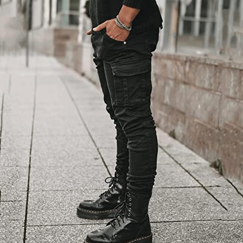 Generisch Cargo Jeanshose Herren Stretch, Cargohose Herren Jeans, Denimhose Vielen Taschen Stretchjeans Slim Fit Bikerjeans Einfarbig Freizeithose Washed Arbeitshosen College Lässig Stoffhose