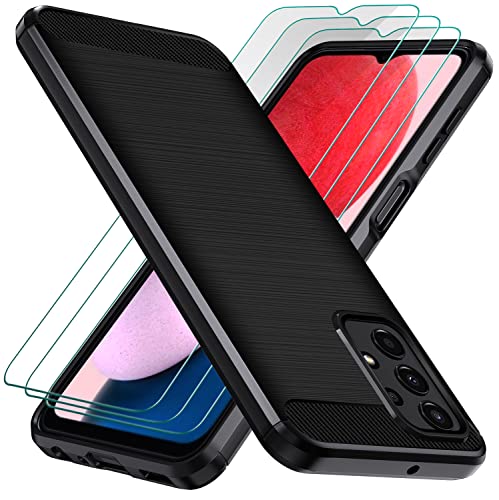 ivoler Coque pour Samsung Galaxy A13 4G / A13 5G / A04S avec 3 Pièces Protection écran en Verre Trempé, Fibre de Carbone Souple TPU Housse Etui de Protection en Silicone Antichoc - Noir