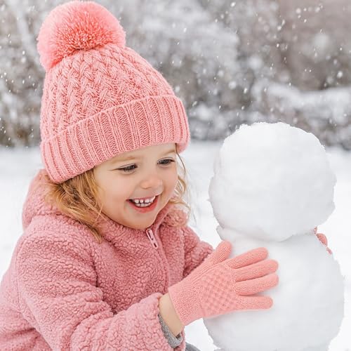Toddler Winter Beanie Hat Gloves Set for Girls Boys Knit Pompom Hats Fleece Lined Skull Ski Cap Sets 1-6 Years3