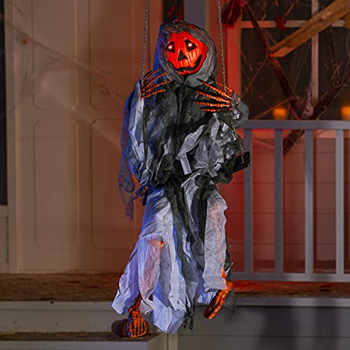 Image of JOYIN 2 Pcs Halloween Hanging Swinging Ghosts Decorations Outdoor, Witch and Pumpkin Face with Lighted Up Eyes, Outside for Yard Patio Lawn Garden Party