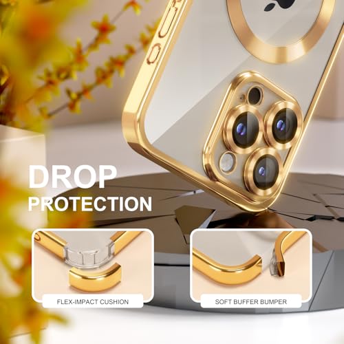 Image of Misea Magnetic for iPhone 15 Pro Max Case Compatible with MagSafe Gold | [Never Yellowing] [Military Drop Protection] Full Camera Lens Protector Plating Soft Clear Phone Case for Women, Gold