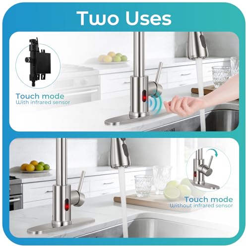 Image of Brushed Nickel Touchless Kitchen Faucet with Pull Down Sprayer | Touchless Motion Sensor, 3-Min Auto Shutoff, 3 Spray Modes, 360 Swivel Spout, RV Laundry Bar Sink, NSF372 NSF61 cUPC