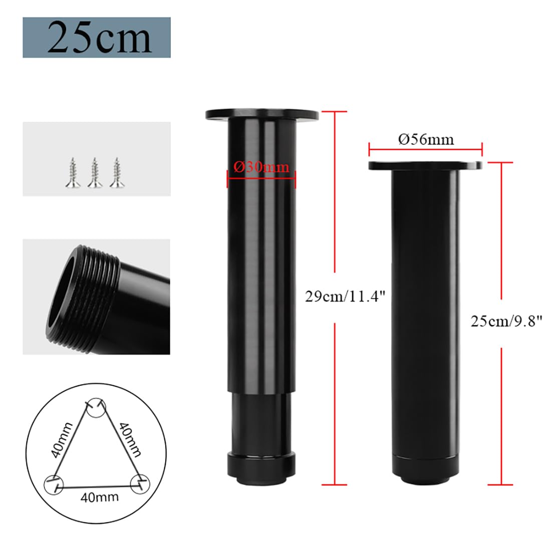 Gambe per mobili Rotonde Regolabili, Lega di Alluminio, Finitura Spazzolata, Altezza 8-30 cm, Set da 4 per tavolino/consolle, Viti Incluse, Supporto Robusto, Design Moderno