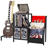 Multi Guitar Stand with Amp Shelf, 3-tier Vinyl Record Storage Cabinet Holder, Heavy-Duty & Space-saving Floor Display Rack for Acoustic, Electric, Bass Guitars, Home Studio and Music Room