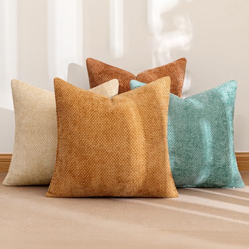 Image of MIULEE Pack of 4 Orange /Teal Couch Throw Pillow Covers 18x18 Inch Yellow Green Soft Decorative Chenille Pillows Farmhouse Accent Cushions for Boho Fall Home Decor Sofa Bedroom Living Room