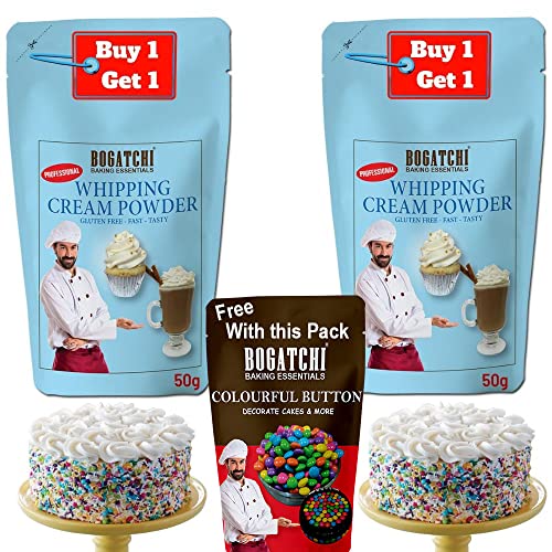 Image of BOGATCHI Whipping cream for cake, Whipping Cream Powder, Whipped Cream, Premium Whipping cream Powder, Rich Whipping cream|FREE One Extra Whipping Cream Powder(50g)+ Colorful Buttons (25g)