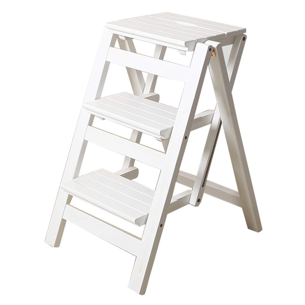 Folding Multifunctional Scissor Ladder 3 Steps Wooden Utility Chair Ladder Climbing Tool for Heavy Garden (White)