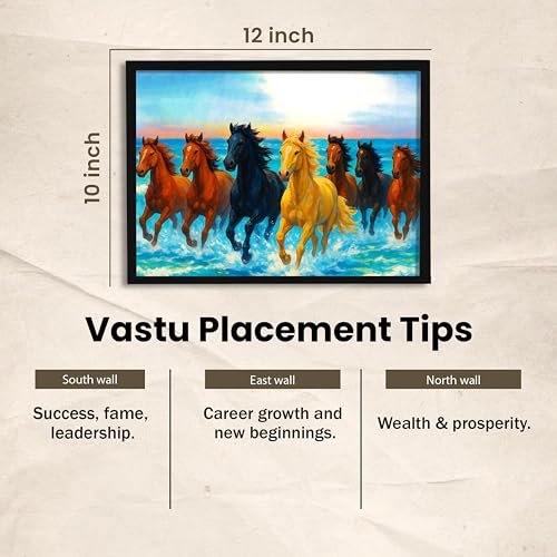 Image of 7 Running Horses Vastu Framed Wall Art Painting For Living Room | Ocean Sunrise Seven Horse Painting With Frame Symbol of Success & Positive Energy Wall Art for Home & Office, 10x12 Inch