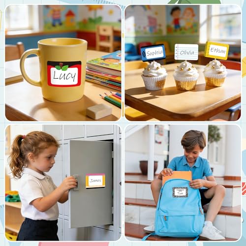 Image of Whaline 180Pcs Back to School Name Tag Stickers Self-Adhesive Nameplate Decal Pencil Crayon Composition Book Apples Blank Name Label for School Classroom Office Desk Wall Decor