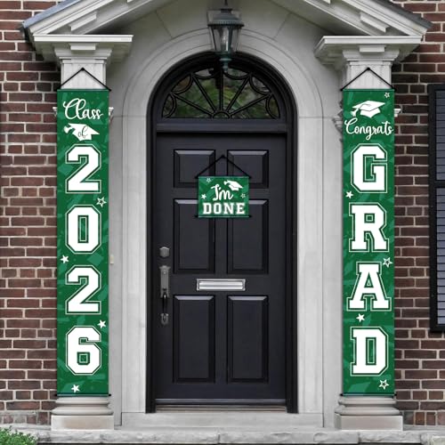 Image of Moukeren 3 Pieces 2026 Graduation Party Decorations Graduation Porch Sign Class of 2026 Grad Hanging Porch Banner Backdrop Door Sign for Grad Party Home Door Wall Decor(Green)