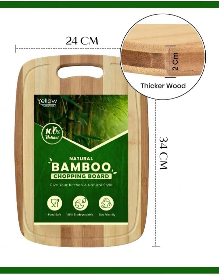 Image of Yellow Weaves Large Bamboo Wood Chopping Board (24 x 34 CM, 2 CM Thickness) Cutting Board with Juice Groove for Vegetables, Fruits, for Kitchen Use, Eco Friendly, BPA Free, Anti Microbial