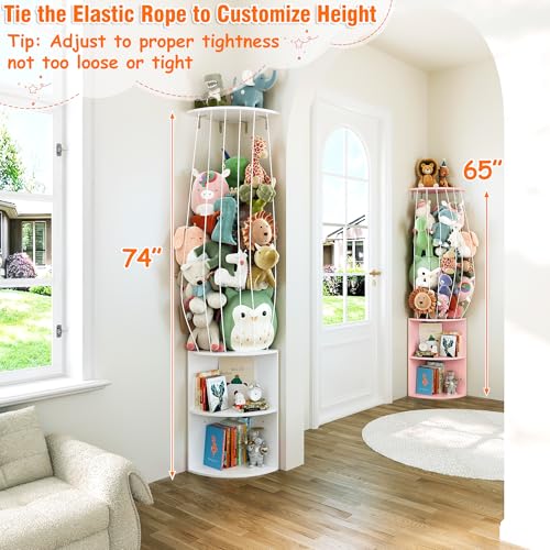Image of 74.7 inch H Stuffed Animal Storage with 2-Tier Corner Bookshelf - Wall Mount Height Adjustable Plush Toy Organizer, Wooden Kids Bookshelf for Small Spaces Nursery Playroom Kids Room, White