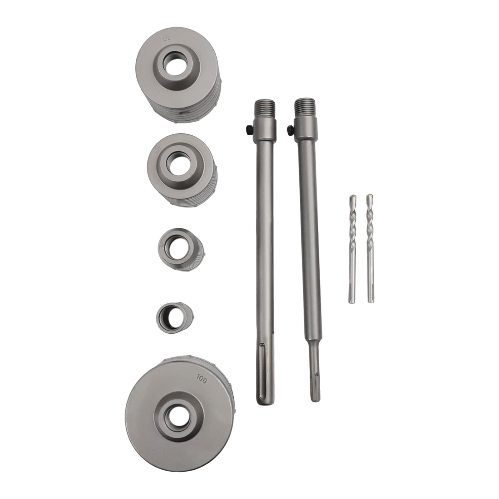 Kit di 9 seghe a tazza per calcestruzzo, 30, 40, 65, 80 e 100 mm, con gambo SDS Plus e SDS Max, per fori di apertura di mattoni, piastrelle, mattoni, cemento, pietra, muratura, set di punte da trapa