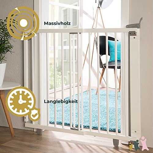 Geuther 2734+ schwenkbares Türschutzgitter Passung: 86 cm - 133 cm TÜV/GS zertifiziert Treppenschutzgitter zum Bohren hohes Babygitter stufenlos einstellbar Sicherheitsverschluss Weiß