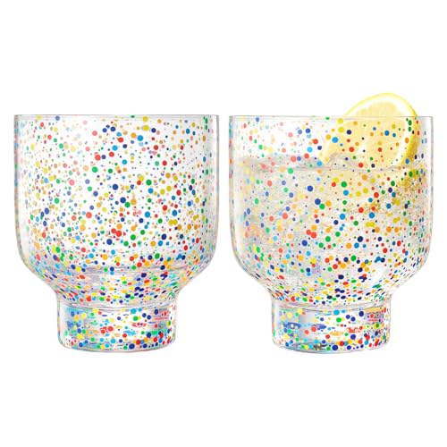 Stemless Mexican Confetti Water, Cocktail & Margarita Glasses &ndash; Set of 2-14oz Luxury Hand Blown...