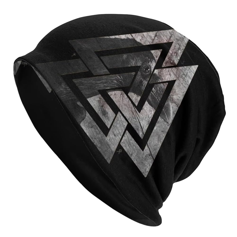 Tqwsvum Unisex Black Viking Raven Valknut Pirate Hats -Men Norse Mythology Odin Crow Odin Triangle Symbol Print Slouchy Beanie Hat