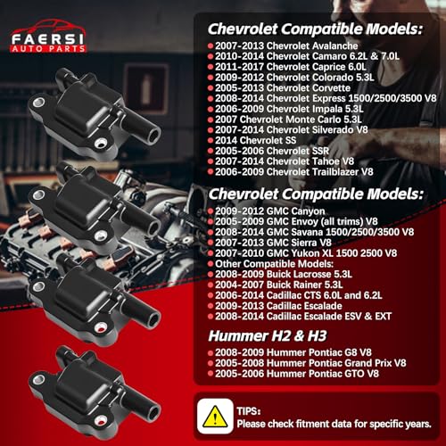 12611424 Pack of 8 Ignition Coils Pack Compatible with Chevy GMC Cadillac Pontiac 5.3L 6.0L V8 - G8 Grand Prix Avalanche Impala Tahoe Suburban Silverado Trailblazer Yukon Replace 12570616 UF413 D510C - Thumbnail 5