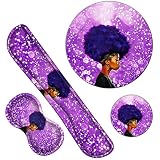 Ergonomic Keyboard Wrist Rests Gel Memory Foam Mouse Pad with Round Mousepad + Coasters, Wrist Support Set with Non Slip Base for Gaming Office Laptop Easy Typing & Pain Relief, Purple African Girl