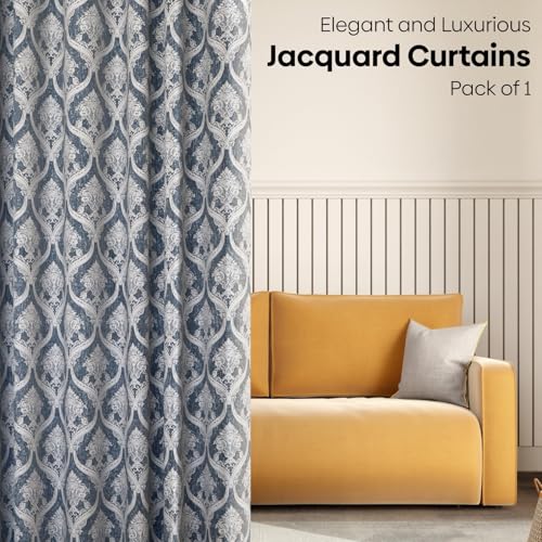 Image of haus & kinder Printed Jacquard Door Curtain 7 Feet Long Pack of 1 Door Curtain, 7 Feet Curtain for Door (Ornate Symphony, Sapphire Damask Design 130x213 CM)