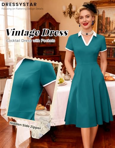 Image of Dressystar Women's 1950s Vintage Swing Dress Short Sleeve V Neck A Line Retro Rockabilly Cocktail Party Dresses With Pockets
