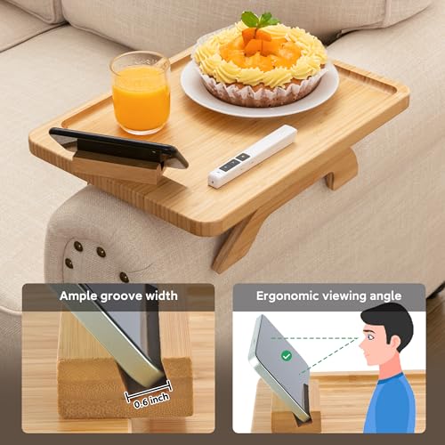 SINWANT Couch Arm Tray,Bamboo Sofa Clip on Side Table,Foldable Couch Armrest Table with 360° Phone Holder,Food Trays for Eating/Drinks/Snacks/Remote by SINWANT - Used condition - Image 8